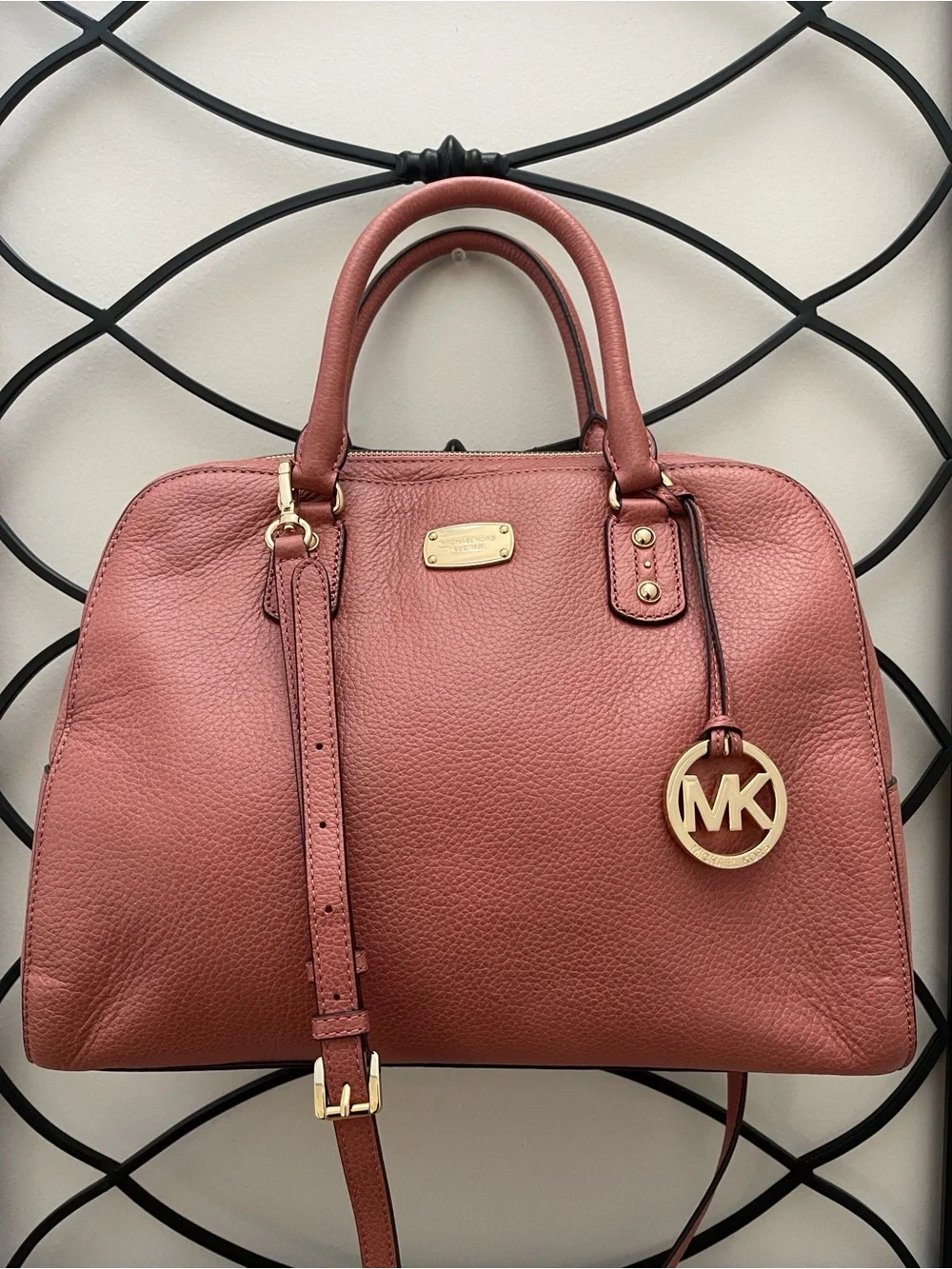 Michael Kors Rosewood Pebbled Leather Satchel with Gold MK Charm
